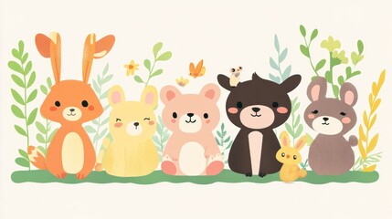 Naklejka premium Cute cartoon animals sitting in a row surrounded by flowers and foliage.