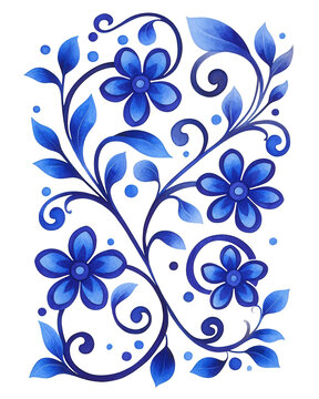 Png Blue floral pattern with swirling leaves and flowers on transparency background