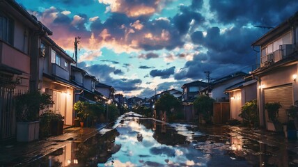 Residential Street with Reflections of Sunset in Puddles after Rain with Moody Sky