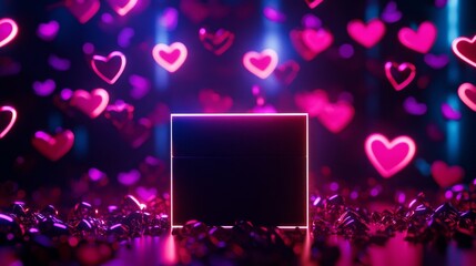 UV-lit Valentine's box glowing under neon lights, surrounded by bright pink and purple neon hearts, futuristic vibe, high contrast