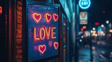 Vibrant Glow in Love billboard design with floating neon hearts, glowing text, and warm romantic lighting, perfect for nighttime streets