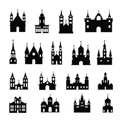 Fototapeta premium Vector Hand Drawn Cathedral Silhouette Illustrations Set. Classic Religious Architecture.