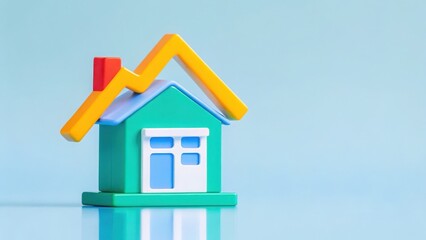 economic risk and deflation concept. Colorful toy house model symbolizing real estate and growth on a reflective surface.