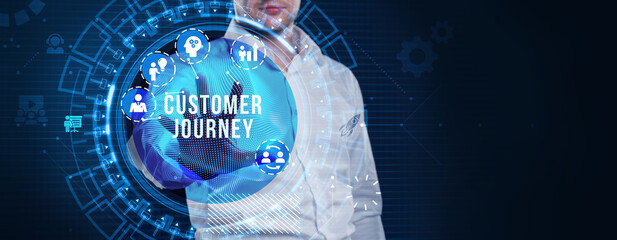 Inscription Customer journey on the virtual display. Business Technology Internet and network concept.