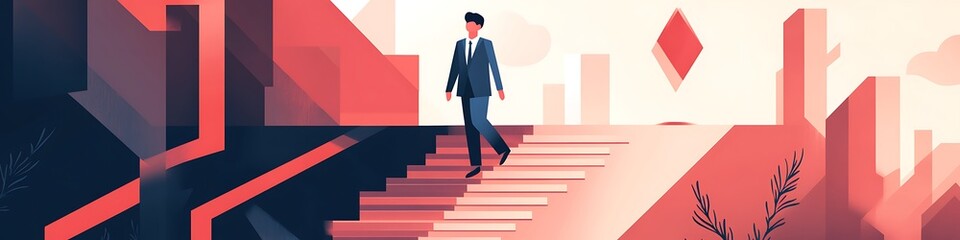 Fototapeta premium Businessman Ascending Abstract Staircase Towards Success