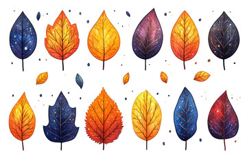 A collection of colorful, stylized leaves with cosmic patterns and vibrant colors.