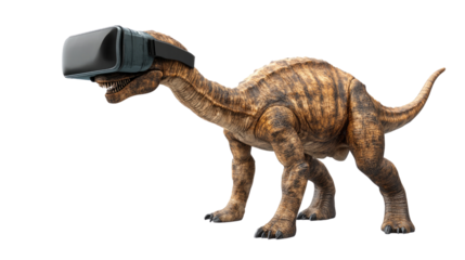 Dino in VR: A dinosaur wearing a VR headset, blending the prehistoric past with cutting-edge technology.