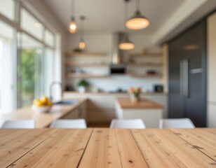 kitchen interior , sleek wooden countertop,  blurred background, minimalism 