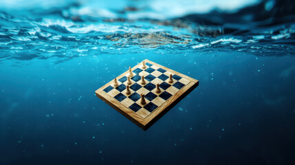 floating wooden chessboard partially submerged in clear water creates serene atmosphere