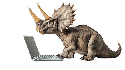 Obraz premium Dinosaur Browsing Laptop: A dinosaur, reminiscent of a triceratops, engrossed in a laptop, blending the prehistoric past with modern technology.