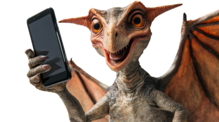 Dragon with Smart Phone: A whimsical depiction of a friendly dragon, with its leathery wings spread, excitedly holding a smart phone, perfect for technology and fantasy enthusiasts. 