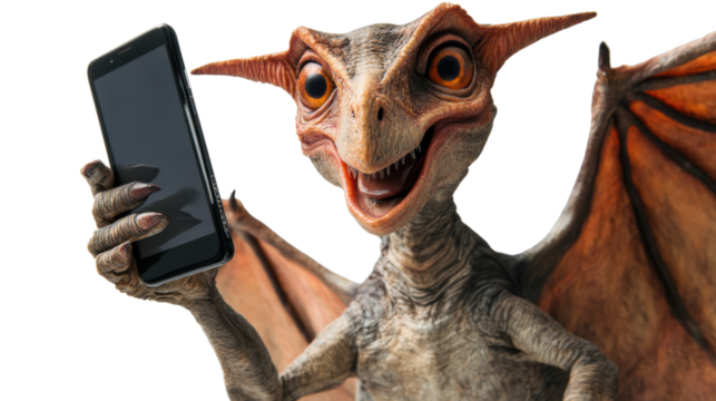 Dragon with Smart Phone: A whimsical depiction of a friendly dragon, with its leathery wings spread, excitedly holding a smart phone, perfect for technology and fantasy enthusiasts. 