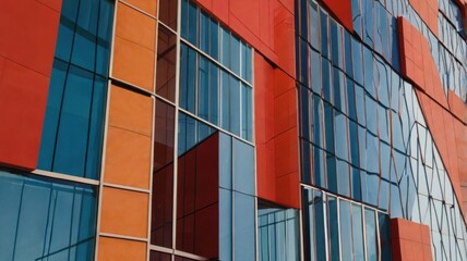 A striking modern building facade featuring bold geometric shapes and patterns in vibrant shades of red, orange, and blue.