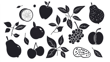 Simple vector set of fruit silhouettes&mdash;grapes, oranges, and more&mdash;flat style on a white background.  