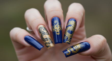 Obraz premium Hand displaying long square shaped fingernails with ornate dragon art