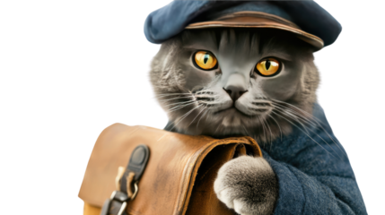 Whiskered Messenger: An anthropomorphic cat in a smart uniform, clutching a messenger bag and conveying the charm of an old-fashioned postal worker.