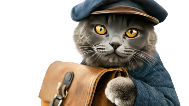 Whiskered Messenger: An anthropomorphic cat in a smart uniform, clutching a messenger bag and conveying the charm of an old-fashioned postal worker.