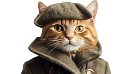 Stylish Feline: An anthropomorphic cat, dressed in a dapper coat and hat, strikes a pose of sophistication and charm, blending animalistic features with humanlike elegance.
