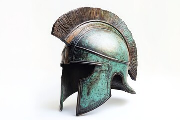 Ancient Greek Helmet on White Background - A weathered bronze Greek helmet, showcasing intricate details and a distinctive crest, is displayed against a clean white backdrop