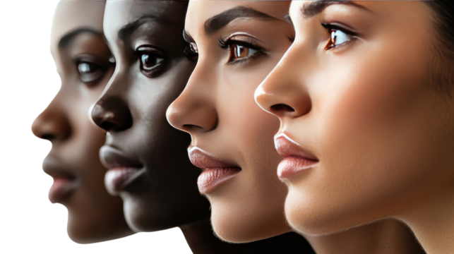 Harmony of Beauty: A striking close-up showcases the diversity of female beauty with a row of faces, each representing a unique skin tone, profile, and features.