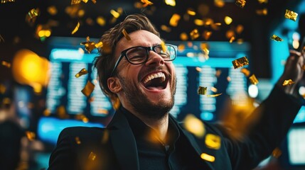 Triumphant Man Celebrates Success Amidst Golden Confetti