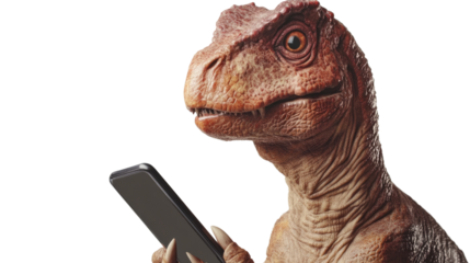 Dino's Digital Connection: A captivating illustration of a dinosaur engrossed in a mobile phone, artfully blending ancient and modern worlds.