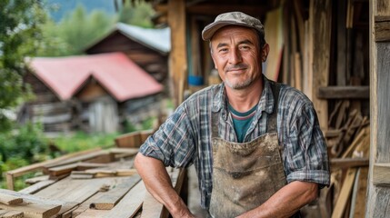 A skilled carpenter poses proudly in his workshop, surrounded by timber and tools. His warm smile reflects years of dedication and craftsmanship.