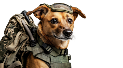 Loyal Companion: A military dog, equipped for duty with protective gear and a tactical backpack, gazes with unwavering dedication, capturing the spirit of service and unwavering loyalty.