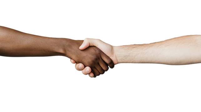Harmony in Agreement: A firm handshake between two individuals with differing skin tones, symbolizing unity, collaboration, and mutual respect in a photorealistic depiction of human connection. 