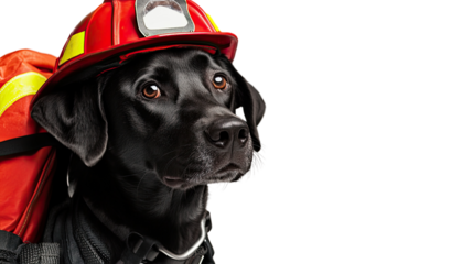Heroic Hound: A brave black labrador, adorned with a firefighter's helmet and gear, stands ready for action, embodying loyalty and courage. 
