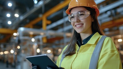 A smiling female worker in a bright yellow safety vest and hard hat uses a tablet in a modern industrial environment, showcasing teamwork and technology.