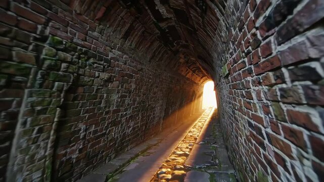 Sunlight streaming through an ancient brick tunnel, casting dramatic shadows. Historic pathway illuminated by golden light. Mysterious journey concept