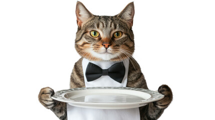 "Feline Service with a Smile: This image features a charming tabby cat in a classic server's attire, holding a silver tray, ready to provide a delightful and unique service."