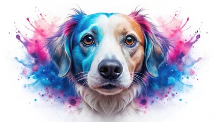 A Colorful Canine Portrait Vibrant Hues and Expressive Eyes of a Playful Dog Against an Abstract Watercolor Background
