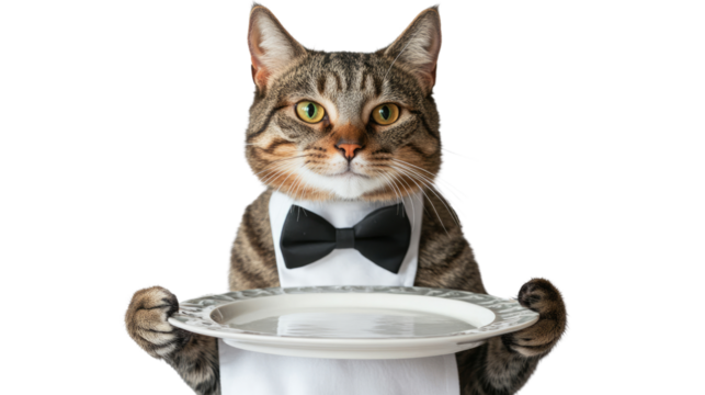 "Feline Service with a Smile: This image features a charming tabby cat in a classic server's attire, holding a silver tray, ready to provide a delightful and unique service."