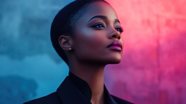 A striking portrait of a confident individual against a vibrant backdrop, showcasing elegance and poise in contemporary fashion.