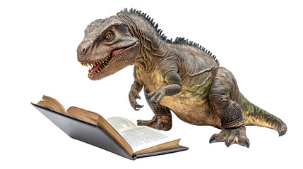 Naklejka premium Dinosaur's Literary Pursuit: A realistic depiction of a dinosaur engrossed in reading a book, blending prehistoric fascination with intellectual curiosity.