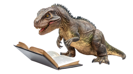 Dinosaur's Literary Pursuit: A realistic depiction of a dinosaur engrossed in reading a book, blending prehistoric fascination with intellectual curiosity.