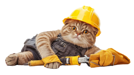 Whiskered Worker: A charming feline dons a construction hat and workwear, playfully holding tools and embodying the spirit of a diligent worker. 