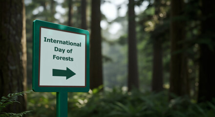 A sleek green metal arrow sign celebrating International Forest Day, set against a vibrant green forest backdrop. Perfect for environmental campaigns, eco-tourism, and nature conservation projects.