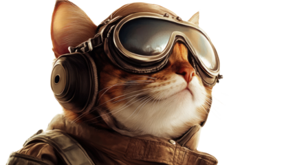 The Aviator Cat: A charismatic feline dons vintage aviator gear, exuding a sense of adventure and a touch of whimsy, set against a clean and clear background.