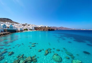 Obraz premium Iconic Santorini Seascape: Crystal-Clear Aegean Waters and Charming White-Washed Buildings, a Perfect Representation of Greek Island Paradise and Coastal Living.