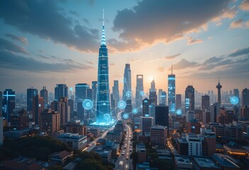 Naklejka premium High-tech city skyline infused with augmented reality interfaces, 5G connectivity, and self-learning algorithms, showcasing technological evolution. 