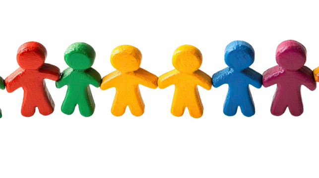 United Colors of Community: A vibrant chain of diverse, multicolored wooden figures link arms, symbolizing unity, collaboration, and the power of coming together