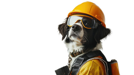 Construction Dog: A border collie dog wearing a yellow hard hat, safety glasses, and a construction vest, portraying a concept of safety and responsible labor.