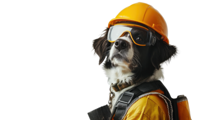 Construction Dog: A border collie dog wearing a yellow hard hat, safety glasses, and a construction vest, portraying a concept of safety and responsible labor.