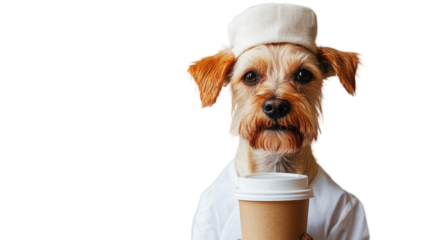Dog Barista: A charming Yorkshire Terrier, dressed as a barista, holds a takeaway coffee cup, offering a delightful and whimsical take on the coffee culture.