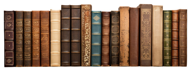 PNG Varying ages and designs of the spines of old books publication bookshelf bookcase.