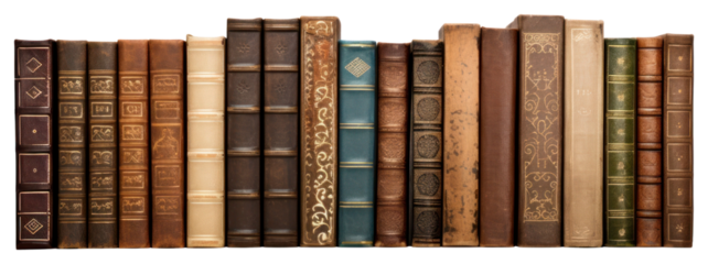 PNG Varying ages and designs of the spines of old books publication bookshelf bookcase.