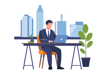 Stylish Office Illustration Businessman at Desk with Laptop and Stationery